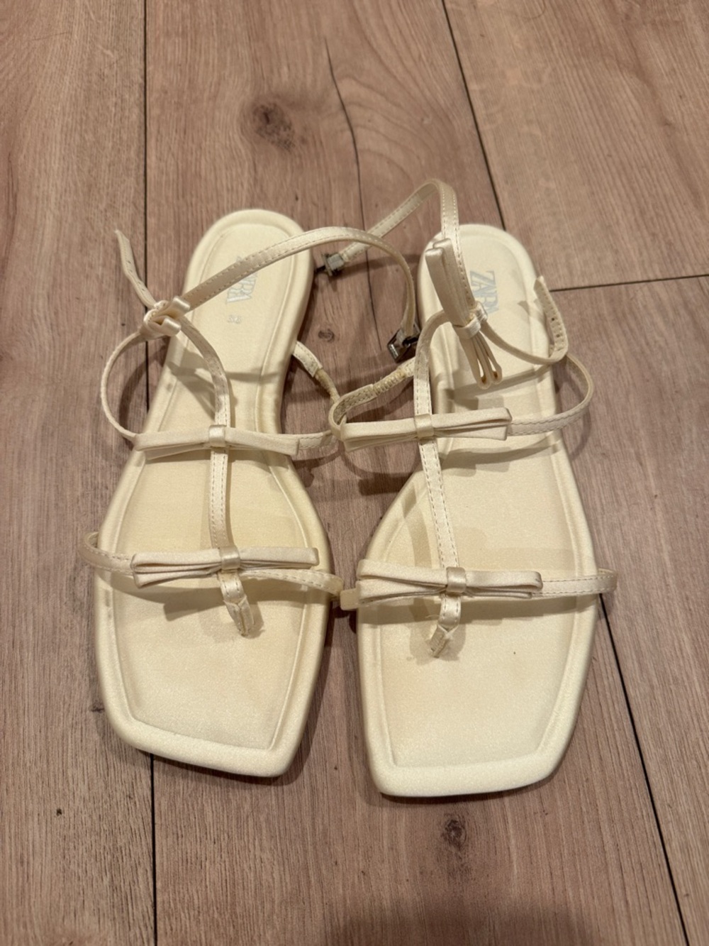 Zara Cream Strappy Square-Toe Tie Sandals
